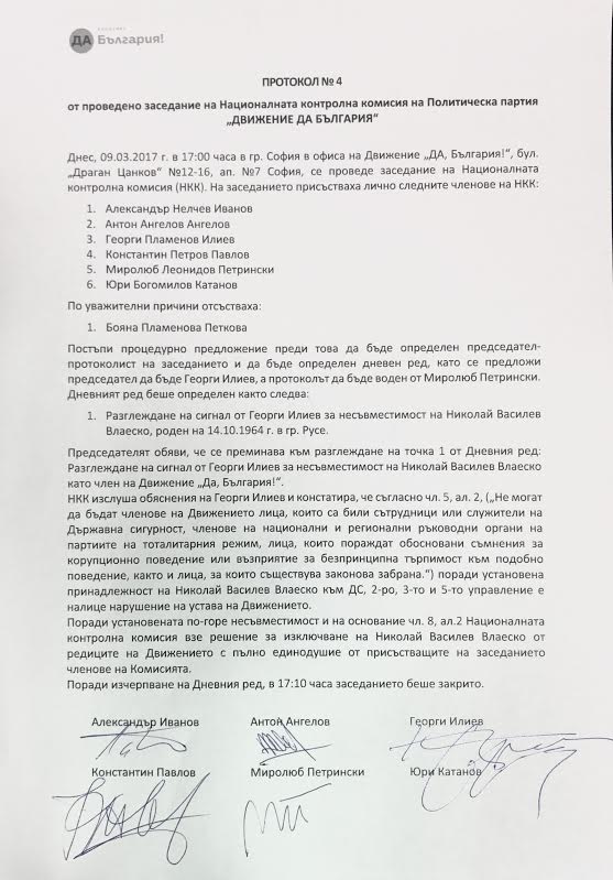 Протокол от заседанието на Националната контролна комисия на политическа партия Движение Да, България
